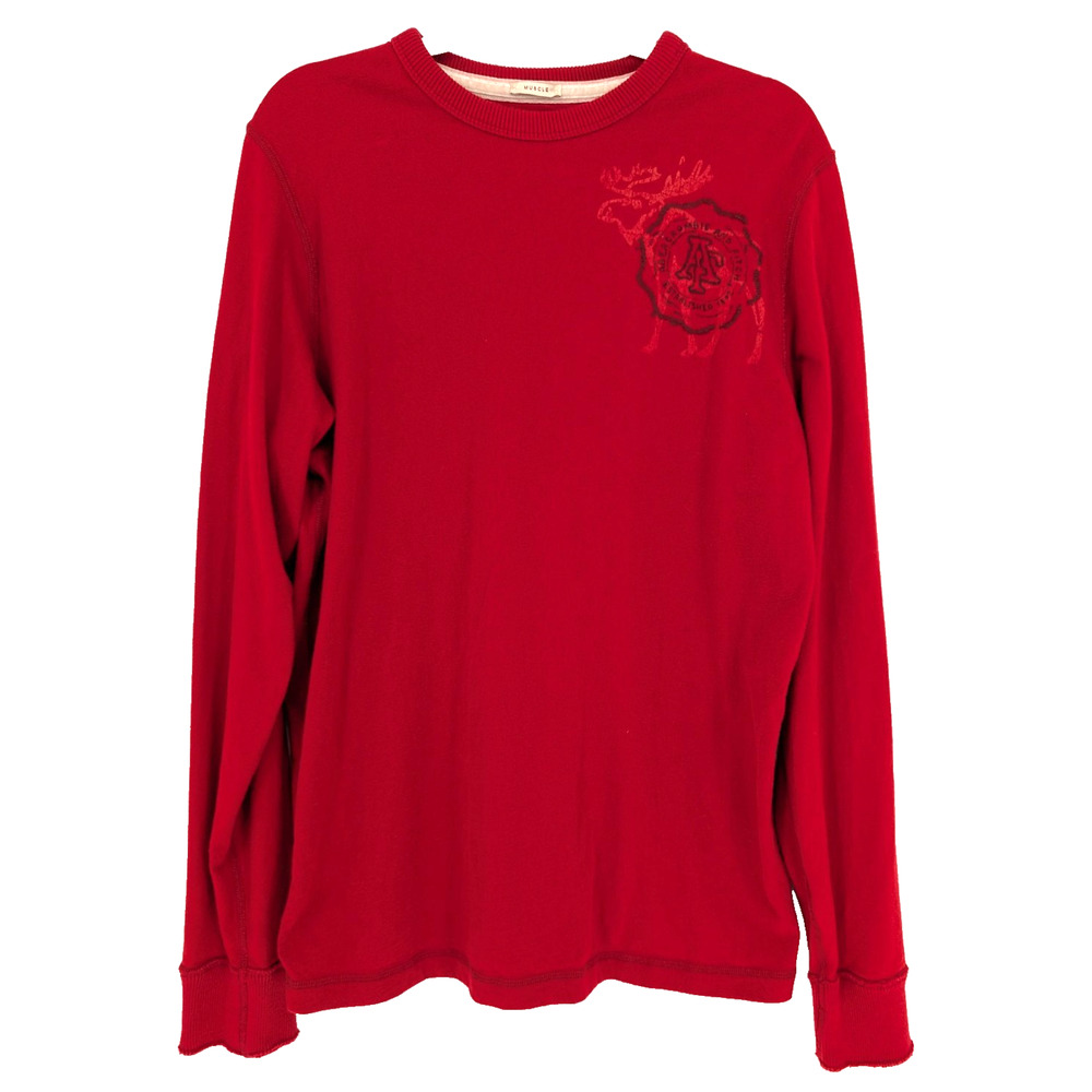 VTG Y2K Mens Red Abercrombie & Fitch Moose Logo Long Sleeve Muscle Fit Tee MED
